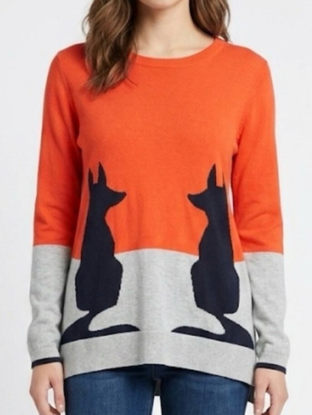 crown & ivy Fox Intarsia Crewneck Colorblock Orange Gray Cotton Sweater Sz 2X